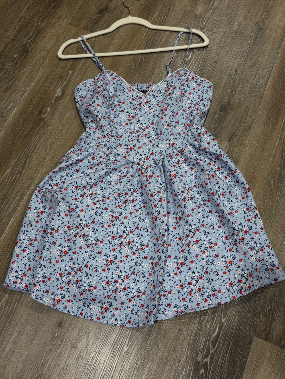Light Blue Floral Dress with Red Accents